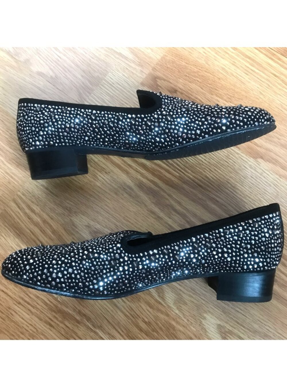 Stuart Weitzman Slipbeads Black Suede Studded Sparkly Rhinestone Loafers 8 - Picture 6 of 12
